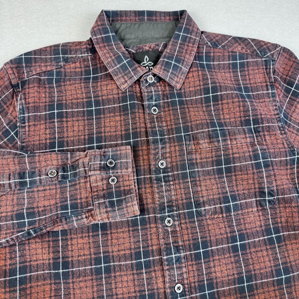 Prana Woodman Flannel Shirt Men M Plaid Hiking Gorp LS Workwear Shirt Organic